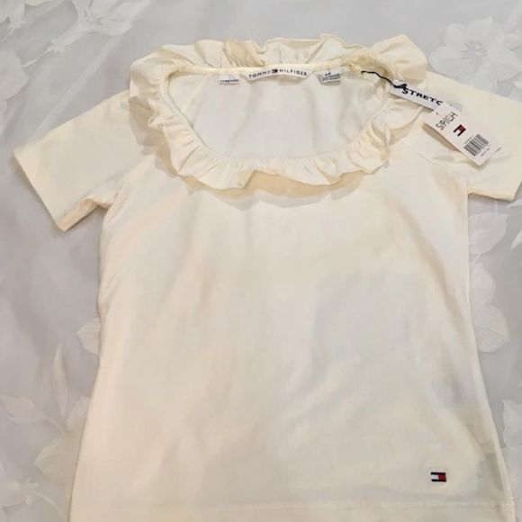 Y2K Tommy Hilfiger Stretch Short Sleeve Top With Ruffle Collar NWT - Picture 5 of 7